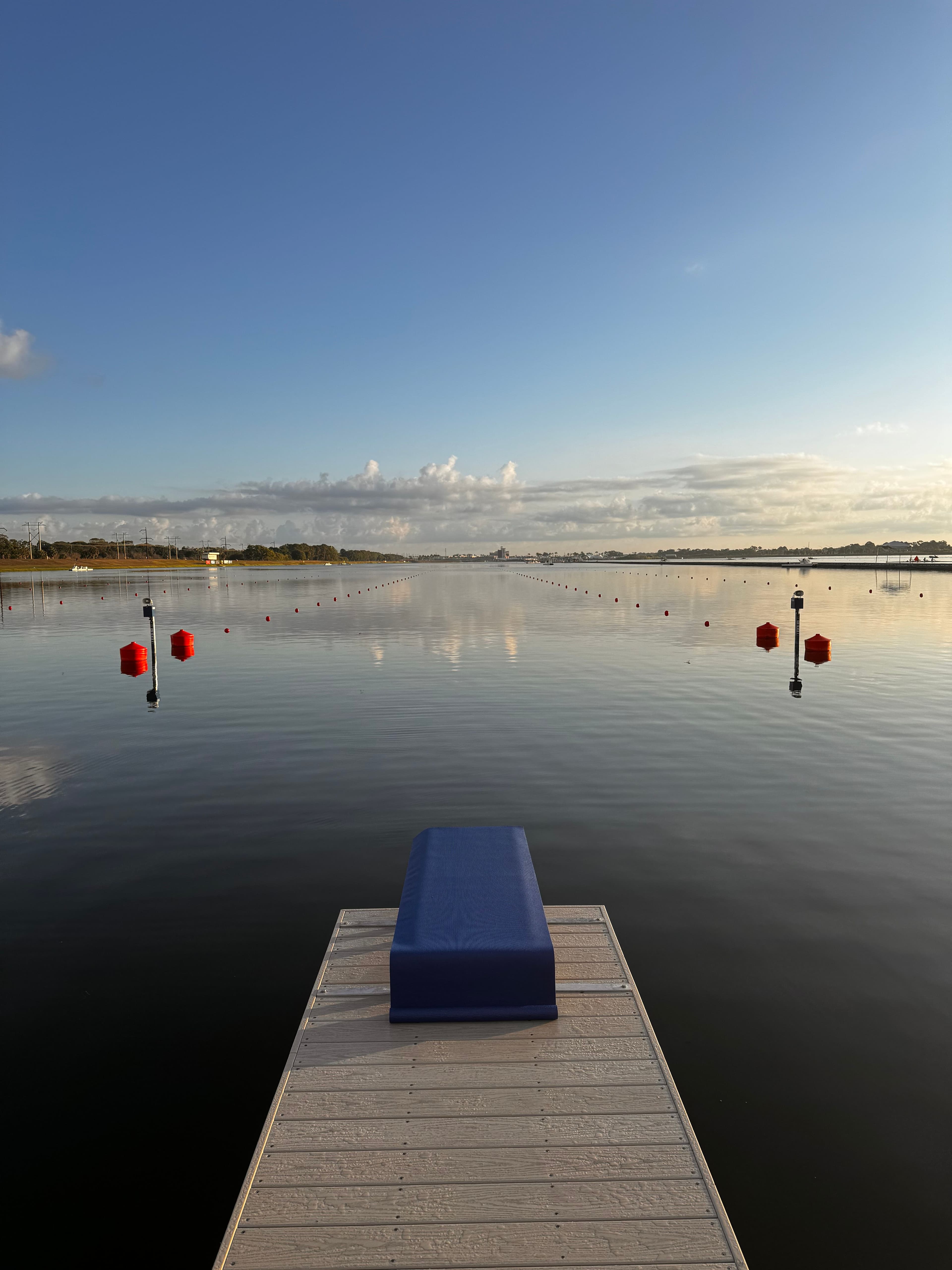 The Stakeboat Holder's view: looking down the buoyed 2,000-meter course from a start dock at NBP.